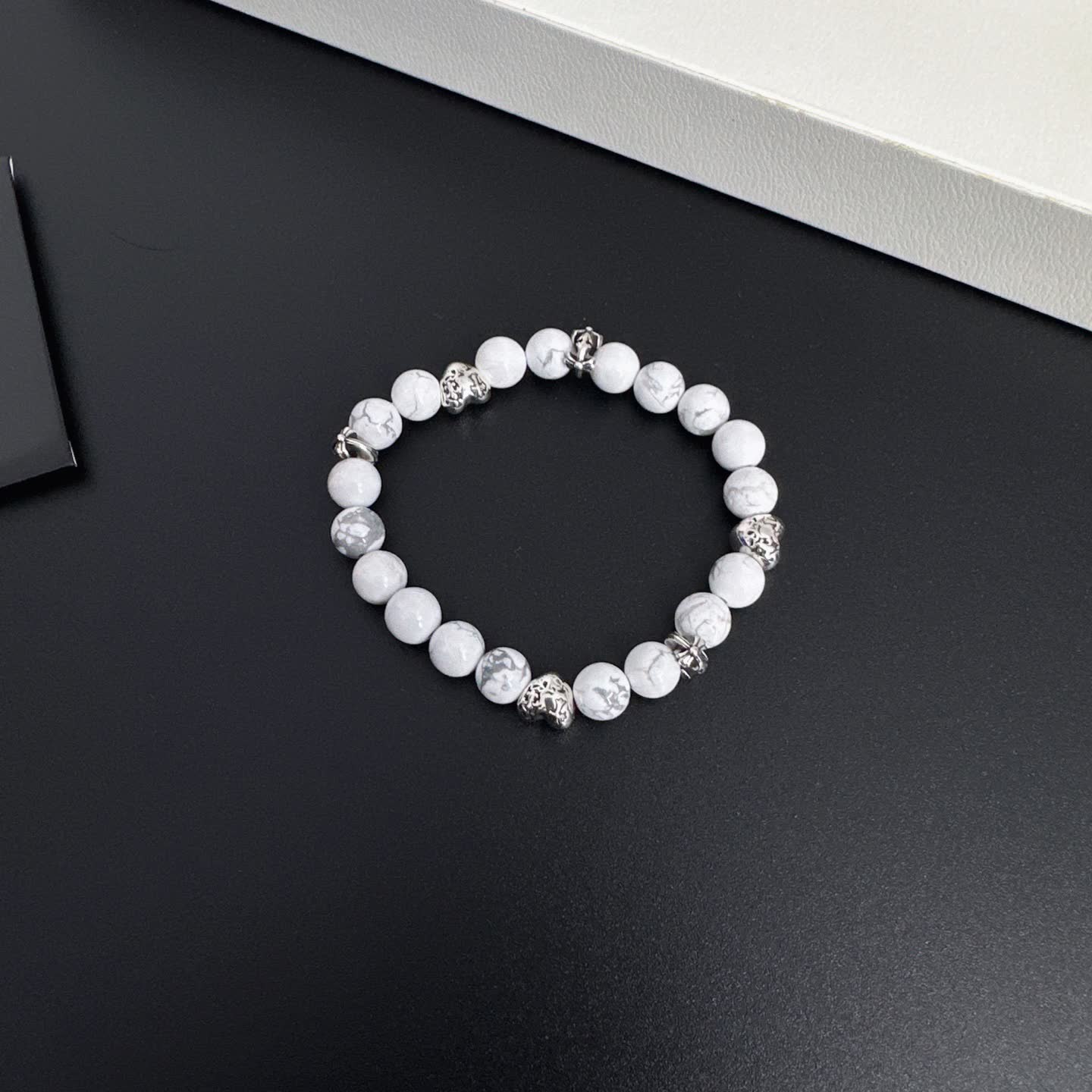Chrome Hearts White Marble Bead Bracelet with Silver Accents